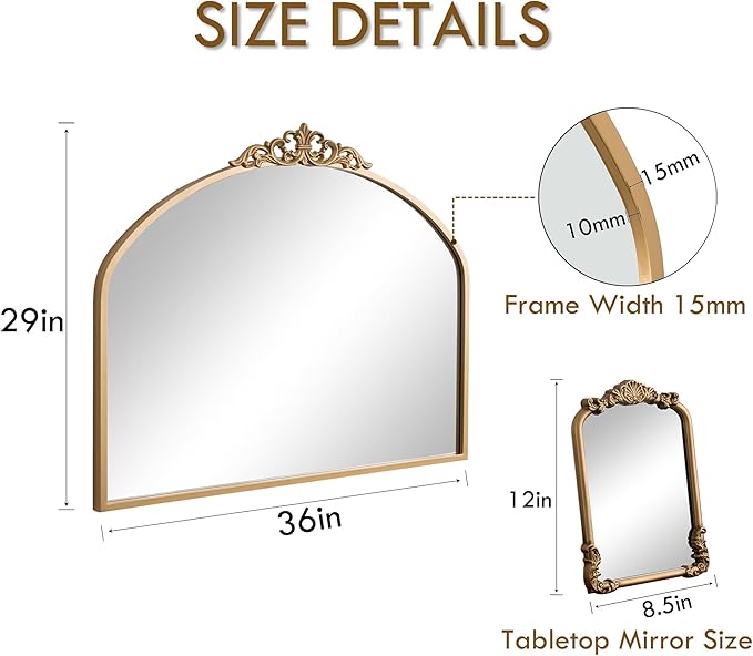 1 Set Vintage Mirror 36x29 Gold Antique Baroque Arched Ornate Traditional Brass Mirror and 8.5x12 Vintage Vanity Makeup Desk Table Mirror for Bathroom Entryway Living Room Hallway Fireplace