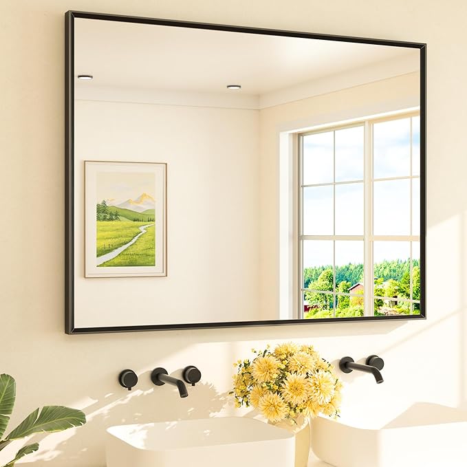 TETOTE Black Bathroom Mirror for Over Sink 48" x 36" Large Matte Black Beveled Metal Framed Rectangular Vanity Mirror for Bathroom, Bedroom, Entryway, Living Room, Tempered Glass, Shatterproof