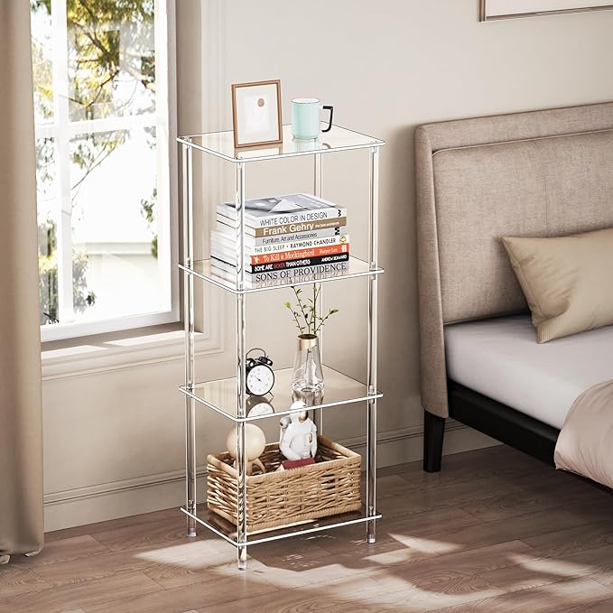 Clear Acrylic Side Table, 15.7" L x 11.8" W x 38.7" H, 4-Tier End Table for Living Room, Small Modern Bedside Tables Nightstand for Bedroom, Home Decor Accent Table JJ0011-01