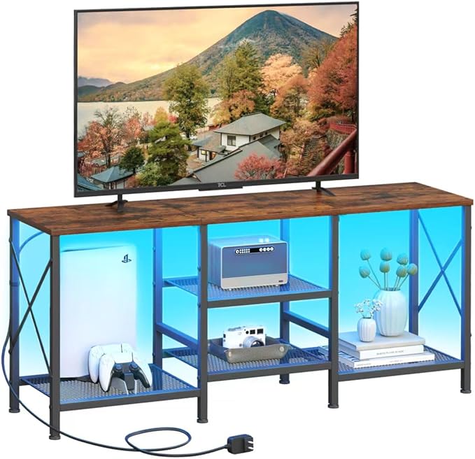 TV Stand with LED Lights for 55 Inch TV, Entertainment Center with 3-Tier Open Shelves, TV Console Table for Living Room, Bedroom, Rustic Brown