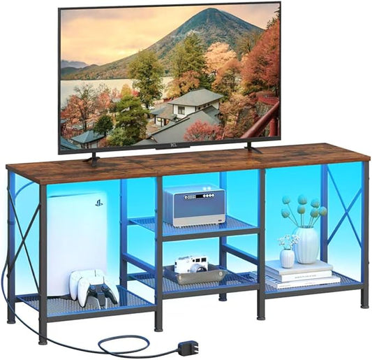 TV Stand with LED Lights for 55 Inch TV, Entertainment Center with 3-Tier Open Shelves, TV Console Table for Living Room, Bedroom, Rustic Brown