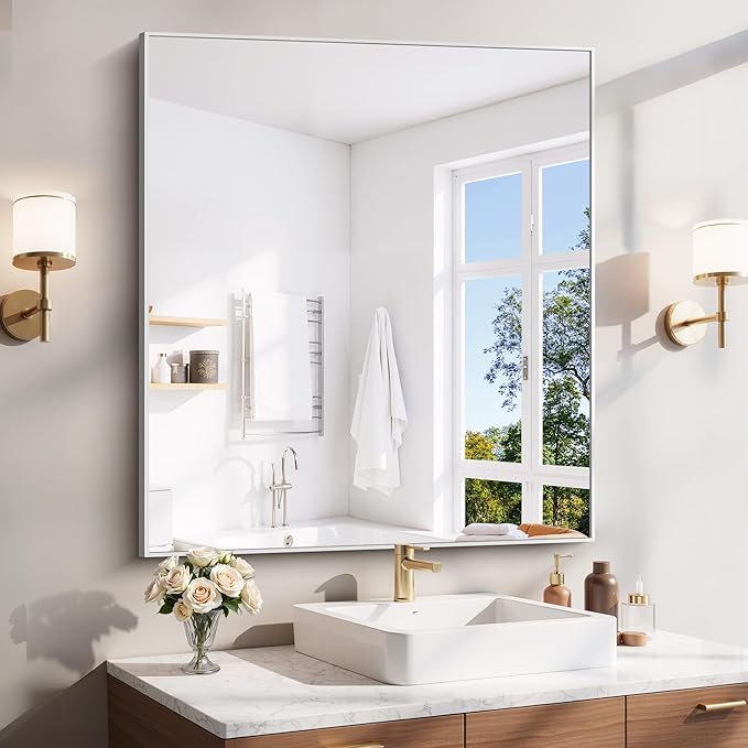 YIROMAN Bathroom Mirror 36"x40", Large Brushed Silver Bathroom Mirror for Over Sink with Aluminum Frame, Rectangular Vanity Mirror with Right Angle, Wall Mirror Hangs Horizontal or Vertical