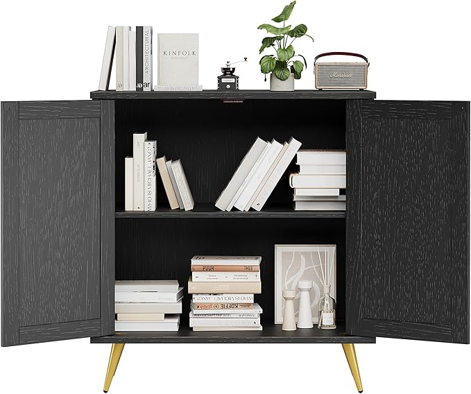 Shintenchi Rattan Buffet Cabinet with Storage, Sideboard Buffet Cabinet with Rattan Decor Doors, Modern Wood Cupboard for Kitchen Living Room Dining Room Hallway Entry,Black