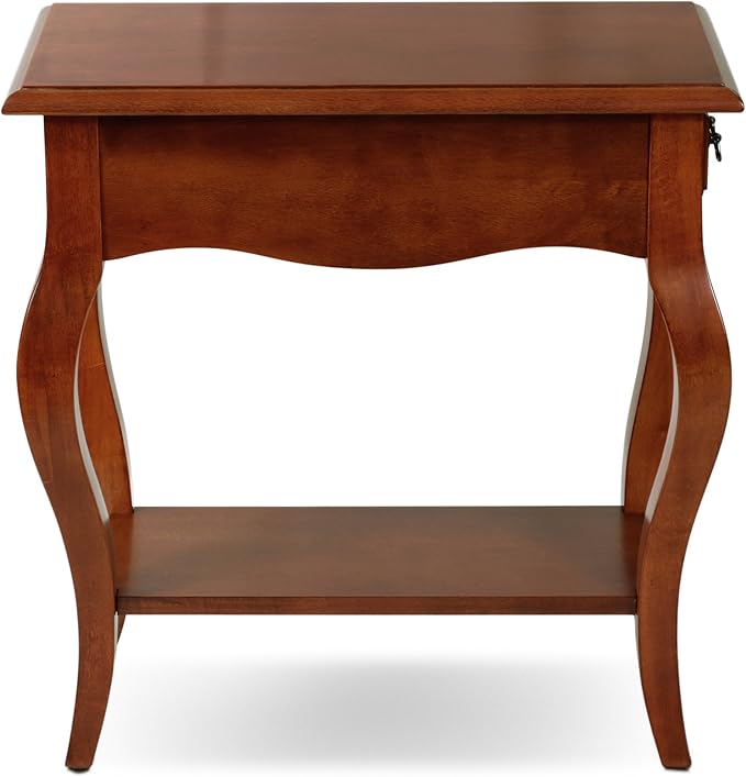 Leick Home Side Table, One Drawer, French Cabriole Leg, Shelf, Solid Poplar, Brown Cherry Finish, 12.5 in W x 23.5 in D x 24 in H, 9018-BR
