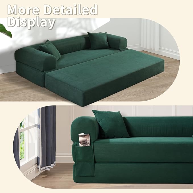 80" Convertible Sofa Bed, 3-in-1 Corduroy Folding Pull Out Couch with Pillows, No Assembly Modern Boneless Couch Compression Sofa in Box, Floor Sofa with Side Storage Pocket for Living Room,Dark Green