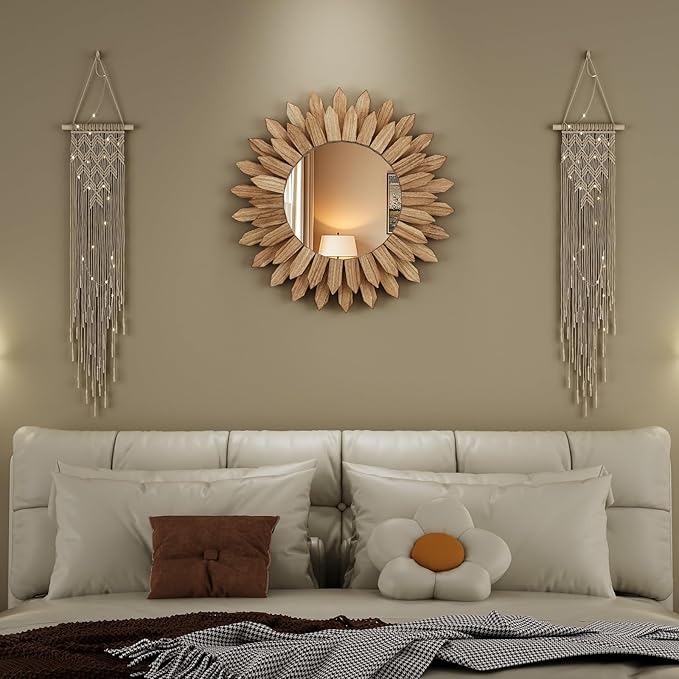 20 Inch Brown Boho Wall Decor Sunburst Mirror - Round Wooden Wall Decor, Handmade Rustic Circular Mirror for Living Room, Bedroom, Entryway, Office