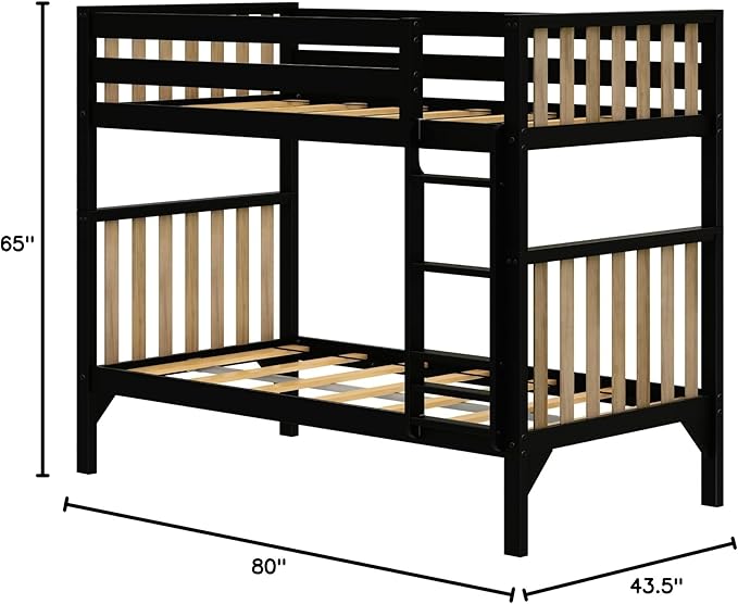 Max & Lily Bunk Bed, Scandinavian Modern Bunk Bed, Solid Wood Twin-Over-Twin Bed Frame for Kids, No Box Spring Needed, Black/Blonde