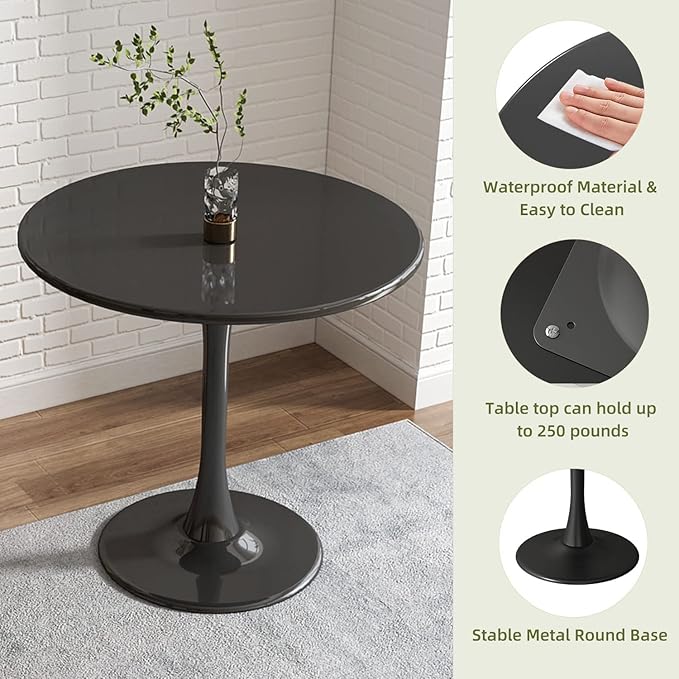 Black Round Table Modern Dining Table Tulip Round Kitchen Table Mid Century Coffee Table for Living Room, 31.5 inch