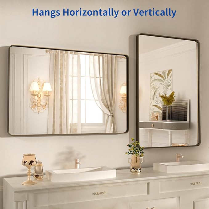 WEER 22x30 Inch Bronze Bathroom Mirror for Vanity, Brushed Bronze Metal Frame Rounded Rectangle Mirror with Tempered Glass, Anti-Rust (Horizontal/Vertical)