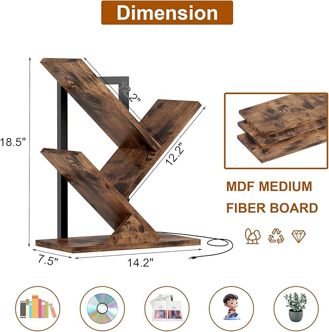 Tree Bookshelf with LED Lights, 3 Tier Floor Standing Bookcase, Classical Corner Shelf Kids Bookshelf, Tall Wood Book Storage for Bedroom, Living Room, Home Office, Brown