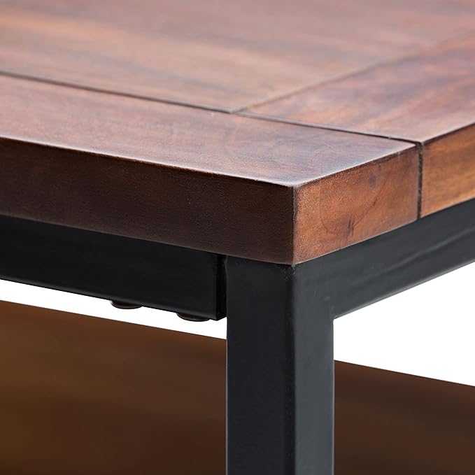 SIMPLIHOME Skyler Square Coffee Table - 34 inch Wide Solid Mango Wood and Metal Living Room Table in Dark Cognac Brown, Industrial Center Table for Family Room with Open Shelf and Black Frame