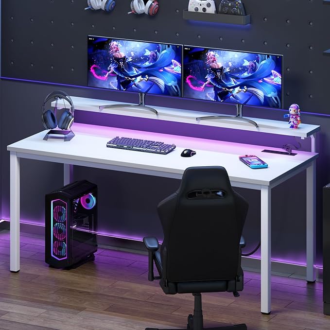 DlandHome Computer Desk 60” with LED Lights &Power Outlets, Writing Desk with Monitor Stand, Work Study Desk for Home Office, White