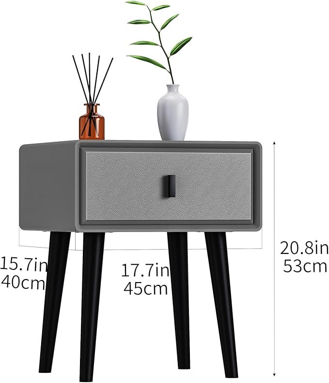 VICITON Modern Faux Leather Nightstand, Solid Wood Drawer, with 4 Wood Legs, Small Side End Table for Bedroom (Light Gray)