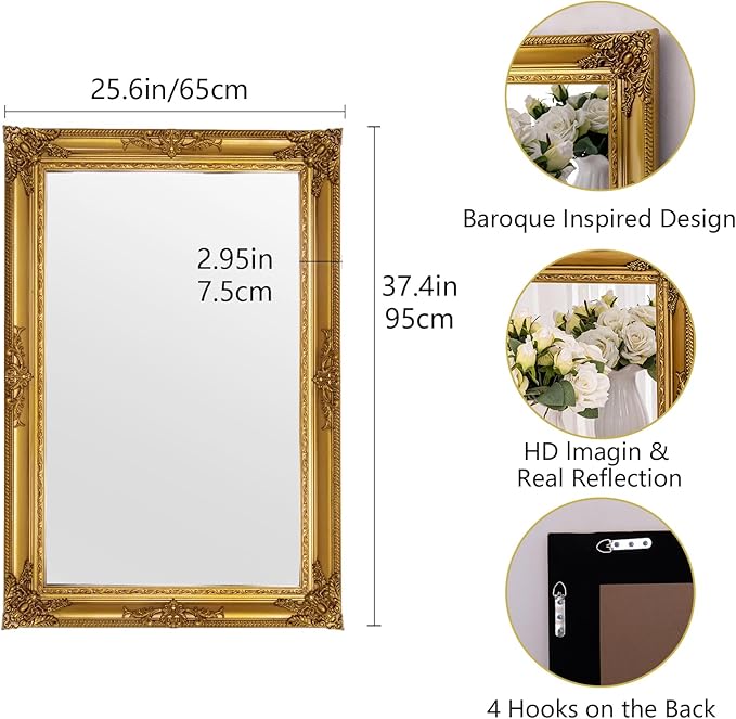 Gold Vintage Mirror, 37.4" x 25.6" Traditional Antique Gold Wall Mirrors with Ornate Baroque Wood Frame, Living Room Decorative Mirrors for Wall Decor