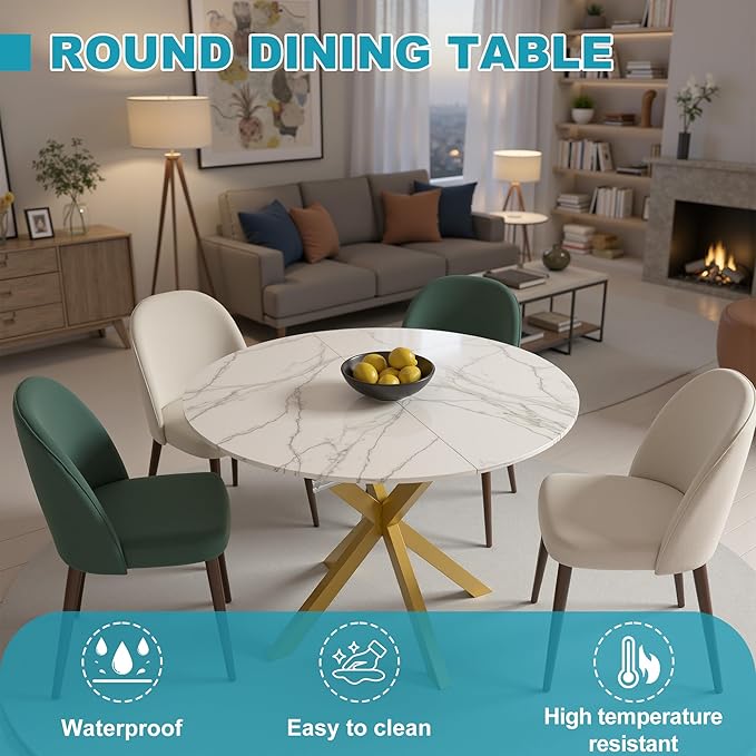 43"- 59" Extendable Dining Table for 4-6, Retractable Round Dinner Table Marble Oval Kitchen Tables Modern Steel Base Dining Room Tables for Small Space, Kitchen, Living Room, White & Gold
