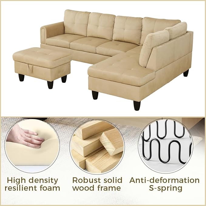 Sectional Couch with Otttoman, 97" L Shaped Couch Sectional Sofa for Living Room, Modern Modular Couches with Cup Holders for Bedroom, Apartments, Beige