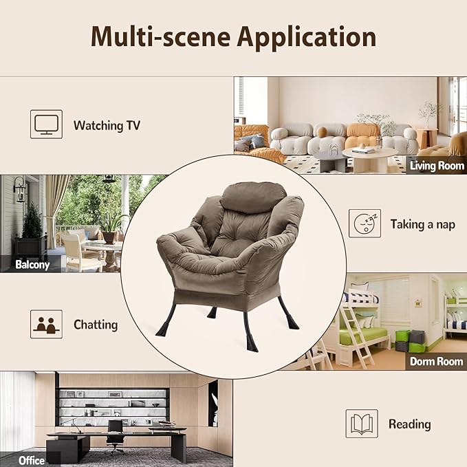 Lazy Chair Thick Padded, Comfy Velvet Accent Lounge Chair with Stable Frame, Leisure Sofa Armchair with Armrests and Side Pocket, Reading Chair for Bedroom, Living Room, Office, Dark Gray