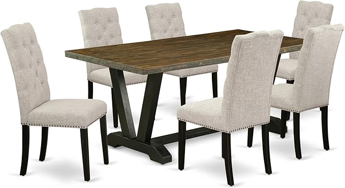 East West Furniture V677EL635-7 7 Piece Kitchen Table & Chairs Set Consist of a Rectangle Dining Room Table with V-Legs and 6 Doeskin Linen Fabric Parsons Chairs, 40x72 Inch, Multi-Color