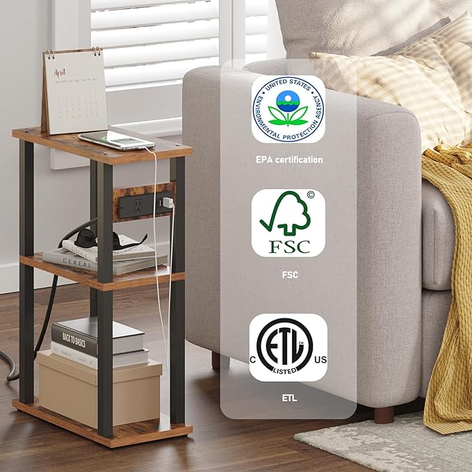TUTOTAK Small Narrow Side Table with Charging Station, Skinny End Table for Small Spaces, Slim Nightstand with USB Ports and Outlet, Sofa Beside Table with Wheels, Brown TB01BB046