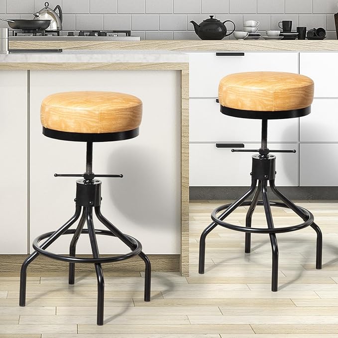 Swivel Bar Stools Set of 2 Adjustable Swivel Round Barstools Modern PU Leather 28inch Backless Counter Height Stool Metal Industrial Bar Chair for Kitchen Island (2, Ash Wood PU Leather)
