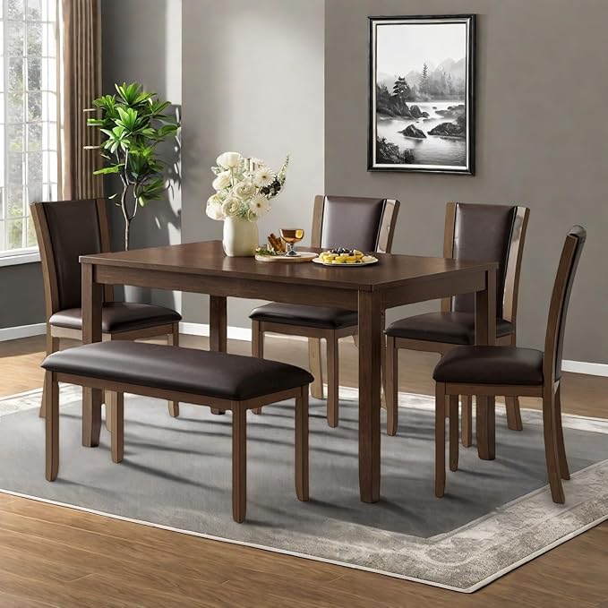 Dining Table Set for 5, 6-Piece Kitchen Table & Chairs Set with Rectangular Table, Bench & 4 Upholstered Chairs, 58'' Dinner Set with Rubber Wood Legs & Curved Backrest for Kitchen, Walnut
