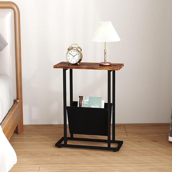 Narrow Side Table for Small Spaces, Small End Table Set of 2 with Magazine Holder, Skinny Slim Little Thin Table for Living Room, Bedroom, Sofa, Rustic Brown