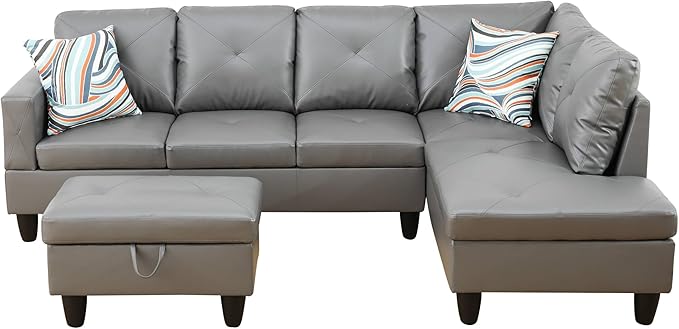 L Shaped Sectional Couch with Otttoman, 97" Leather Sectional Sofa for Living Room Modular Couches with Cup Holders for Bedroom, Apartments, Dark Grey