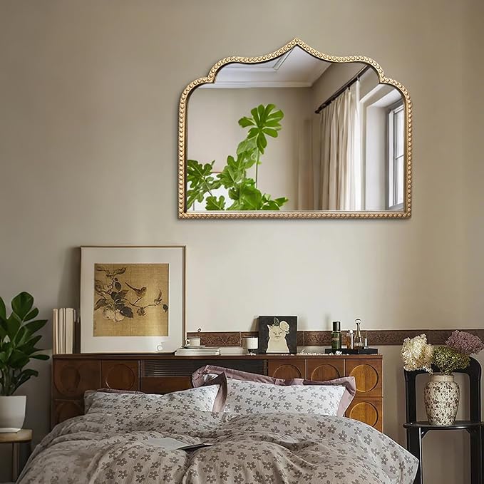 Gold Arched Mirror, 36"x28" Arch Vanity Mirrors for Bathroom, Metal Beaded Frame Ornate Decorative Mirror, Scalloped Vintage Mirrors for Fireplace Bedroom Living Room Entryway Hallway