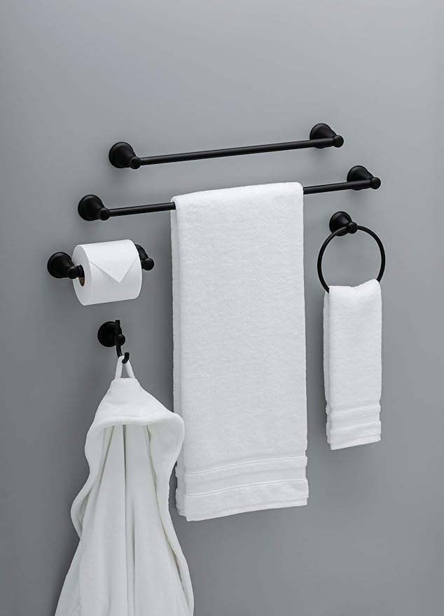 Franklin Brass Kinla 5-Piece Bathroom Set Matte Black 18" and 24" Towel Bar Racks, Toilet Paper Holder, Ring, Hook KIN5PC-MB
