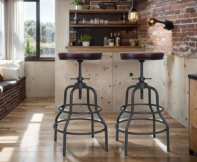 LOKKHAN Vintage Industrial Bar Stool-Rustic Swivel Bar Stool-Round Walnut Wood Metal Stool-Counter/Bar Height Adjustable Pipe Stool-Cast Steel Stool 23.62"-29.52" (Set of 2)