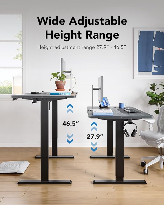 HUANUO 55" x 28" Electric Standing Desk Adjustable Height, 4 Memory Height Settings, Headphone Hook, Cable Manager, Sit Stand Up Desk for Home Office & Computer Workstation, Grey