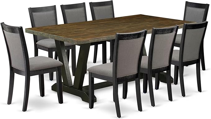 East West Furniture V677MZ650-9 9 Piece Dining Set Includes a Rectangle Dining Room Table with V-Legs and 8 Dark Gotham Grey Linen Fabric Upholstered Chairs, 40x72 Inch, Multi-Color