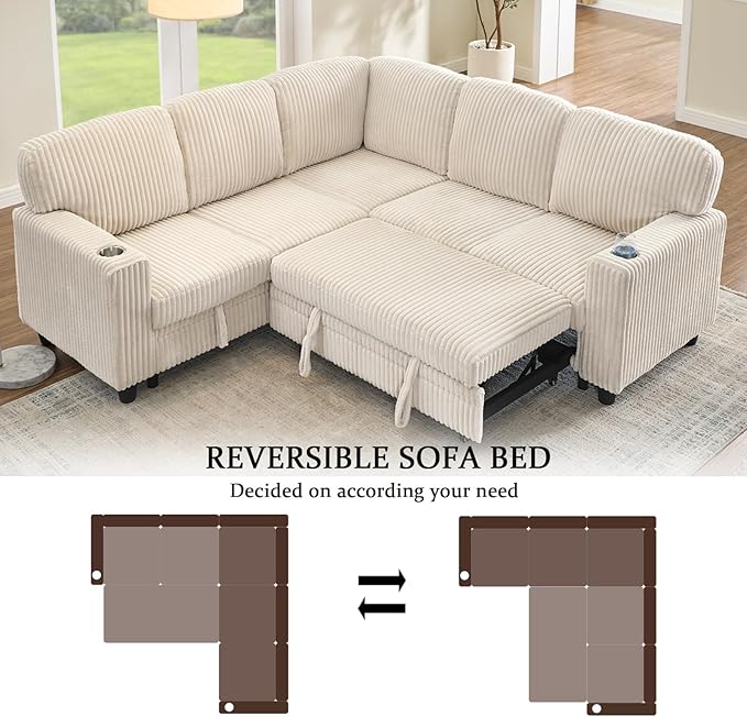 Ball & Cast Modular Sectional Sleeper Sofa Bed,L-Shaped Couch W/Pull Out Bed and USB Charging,Cupholders&Storage Seats,Convertible Sleeper Sofa Beds for Living Room,Apartment,Corduroy Fabric,Beige,81"
