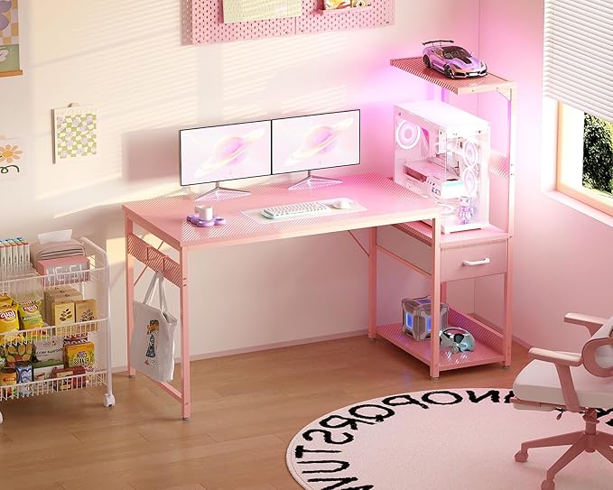 Casaottima 48 Inch Gaming Desk with Storage & LED Lights, Reversible Computer Desk with Display Shelves & Fabric Drawer, Modern Gamer Desk Table with Side Headphone Hook, Carbon Fiber Pink