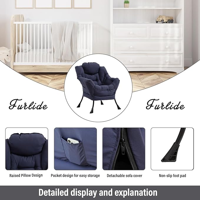 Lazy Chair with Ottoman, Modern Chair with Folding Footrest, Lounge Accent Chair, Comfortable Reading Chair (Navy Blue)