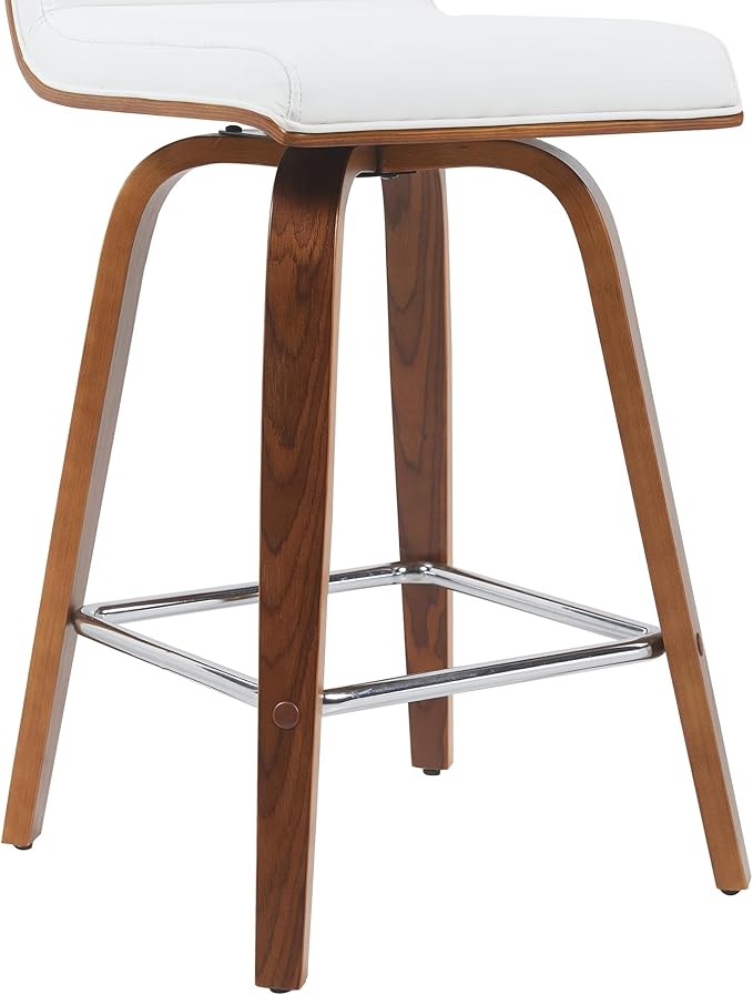 Armen Living Vienna Modern Swivel 26" Counter Height Barstool with White Faux Leather and Walnut Wood Finish
