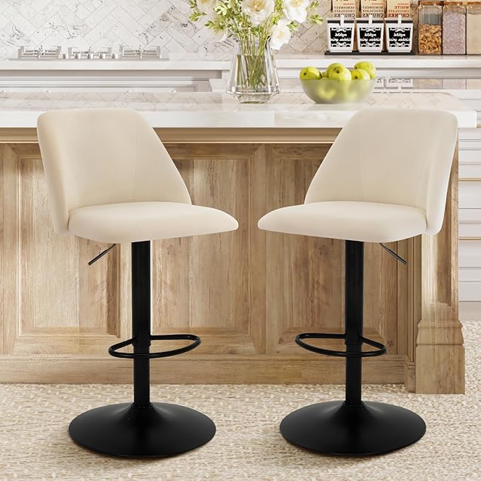 COLAMY Bar Stools Set of 4, Modern Swivel Bar Chairs, Adjustable Upholstered Barstools Counter Height with Full Backrest for Bar, Dining Room, Kitchen Island, Beige