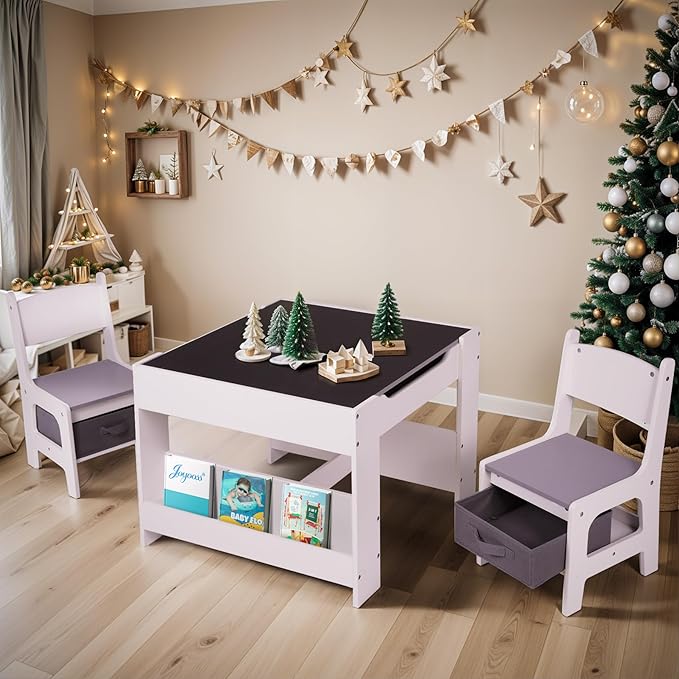 Joyooss Kids Table and Chair Set,4 in 1 Wooden Kids Table and Chairs Ages 3-7,Toddler Table with Storage Kid Desk and Chair Set for Toddlers 2 in 1 Tabletop