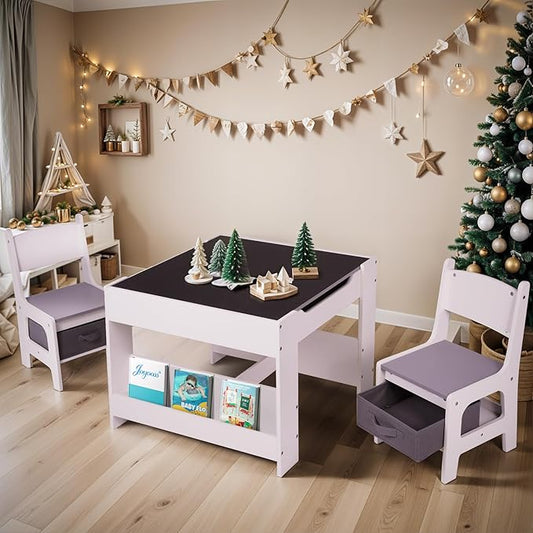 Joyooss Kids Table and Chair Set,4 in 1 Wooden Kids Table and Chairs Ages 3-7,Toddler Table with Storage Kid Desk and Chair Set for Toddlers 2 in 1 Tabletop