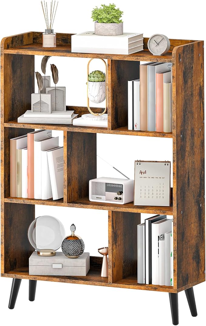 HOOBRO 6 Cube Bookshelf, 4 Tier Bookcase with Legs, Mid-Century Modern Bookshelves, Large Open Storage Shelf, Wooden Book Case for Living Room, Bedroom, Office, Kitchen, Rustic Brown FG116SJ01