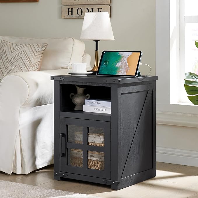 Farmhouse Nightstand with Charging Station, Rustic End Table with Tempered Glass Barn Door, Wood Sofa Side Bedside Table with Open Storage Shelf for Living Room, Bedroom (Black)