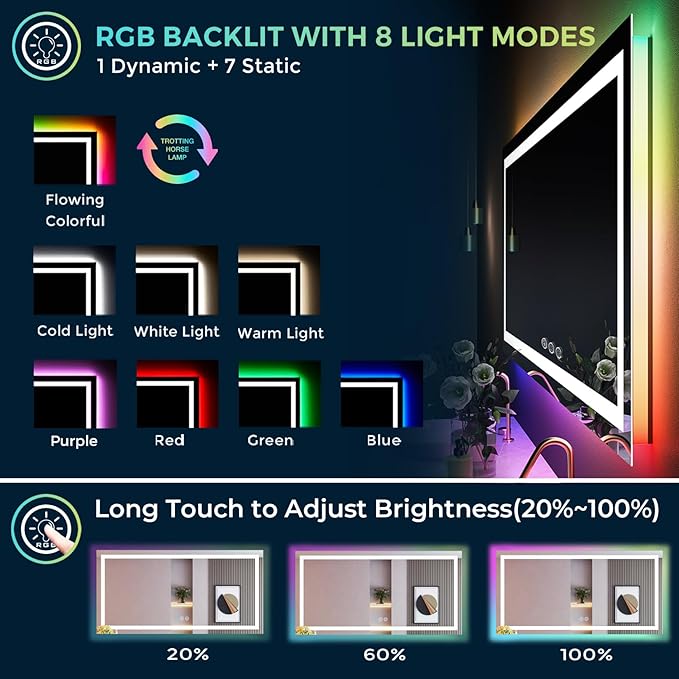72x40 Inch RGB LED Bathroom Mirror Front Light and RGB Backlit Lighted Vanity Mirror for Bathroom Wall Mounted Dimmable Anti Fog Memory Shatter-Proof IP54 Waterproof Horizontal/Vertical