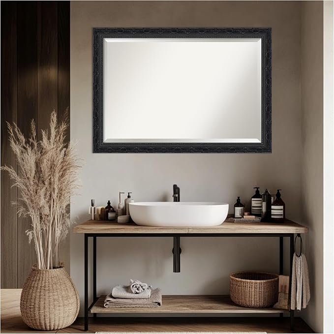 Amanti Art Bathroom Mirror for Over Sink, 29x41 Filigree Gloss Black Rectangle Vanity Mirror, Large Traditional Frame, Hangs Horizonally and Vertically, Bathroom Wall Decor, Beveled Edge