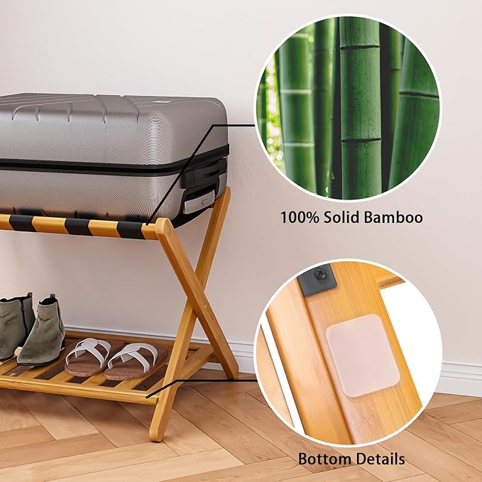 Pack of 2 Fully Assembled Bamboo Luggage Racks with Shoe Shelf, 5 Heavy-Duty Straps Folding Suitcase Stand, Luggage Holders for Guest Room Must Haves, Ideal for Bedroom, Hotel, Honey Oak