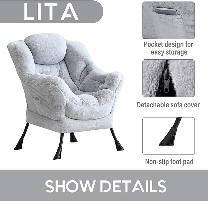 LITA Lazy Chair with Ottoman, Modern Accent Leisure Upholstered Sofa, Contemporary Lounge Reading Chair with Armrests and a Side Pocket for Living Room, Bedroom & Small Space, Single Plush Grey
