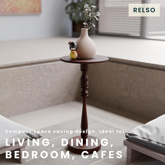 Relso Stambha Solid Wood Drink Table – 24" Tall Round Accent Side Table for Living Room or Bedroom, Narrow End Table or Indoor Plant Stand, Walnut Finish, Handcrafted Mango Wood Furniture