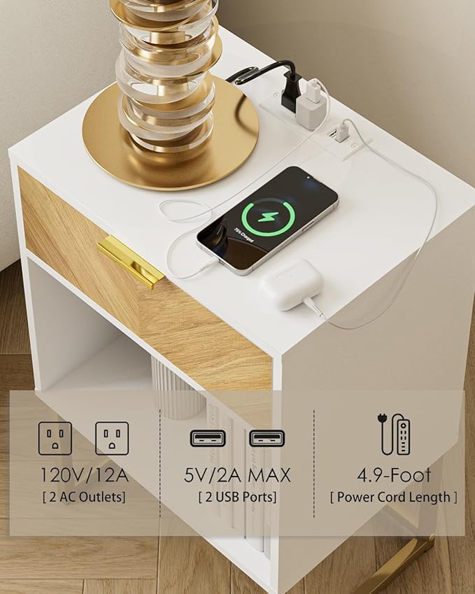 Nightstand with Charging Station, Boho Night Stand Wood Farmhouse Bedside Table with Storage, End Side Accent Table for Bedroom,Living Room,White