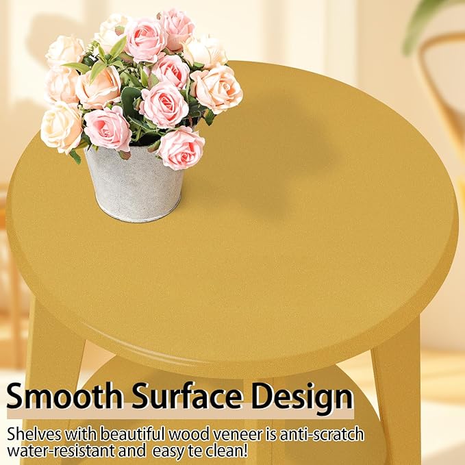Round Side Table Gold Wooden End Table with Lower Shelf Rustic Vintage Nightstand Beside Table for Living Room Bedroom Small Spaces