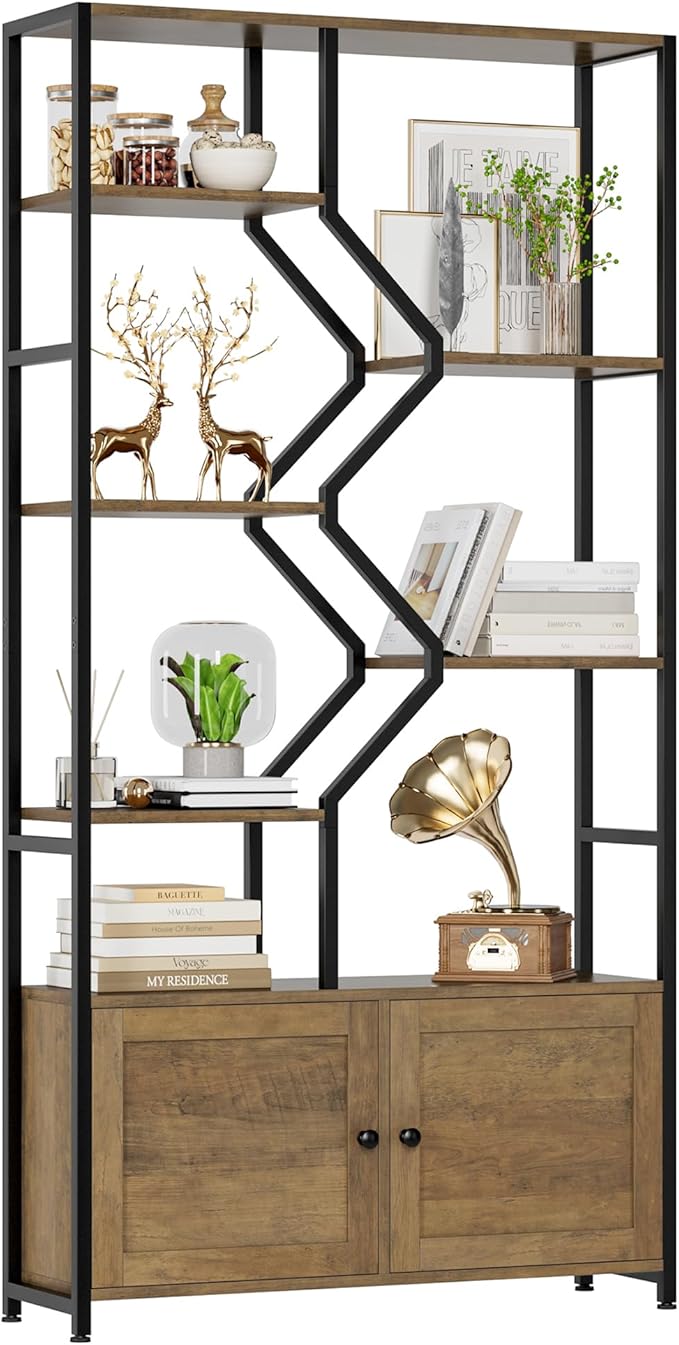 76" Tall Shelf with Storage Cabinet Doors, 6 Tier Open Bookshelf for Multi-use Display, Staggered Book Shelf Etagere Bookcase for Home Office/Living Room, Deep Metal & Wood Accent Shelf, Rustic Brown