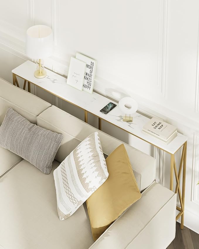 Masupu 63" Console Table, Modern Narrow Long Sofa Table Behind Couch, Skinny Entry Table, Industrial Sofa Table with Metal Frame for Hallway, Living Room, Marble White